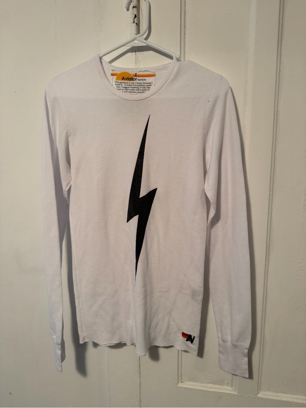 Aviator Nation White Long-Sleeve Tee with Black Lightning Bolt